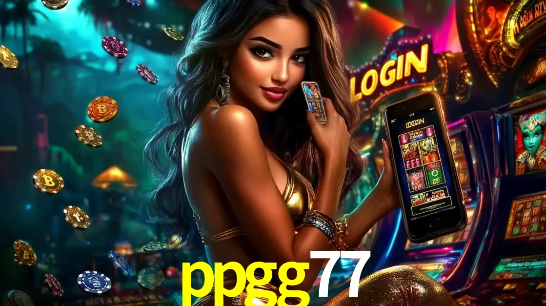 Mulher em um cenário de cassino temático de aventura, mostrando o app de caça-níqueis da ppgg77 no celular. Fichas de apostas flutuam ao redor.