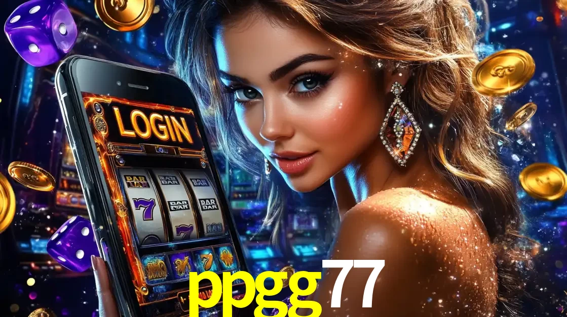 Mulher glamorosa segurando um smartphone com a tela de login para os jogos de caça-níqueis do cassino online ppgg77, com moedas de ouro e dados ao redor.