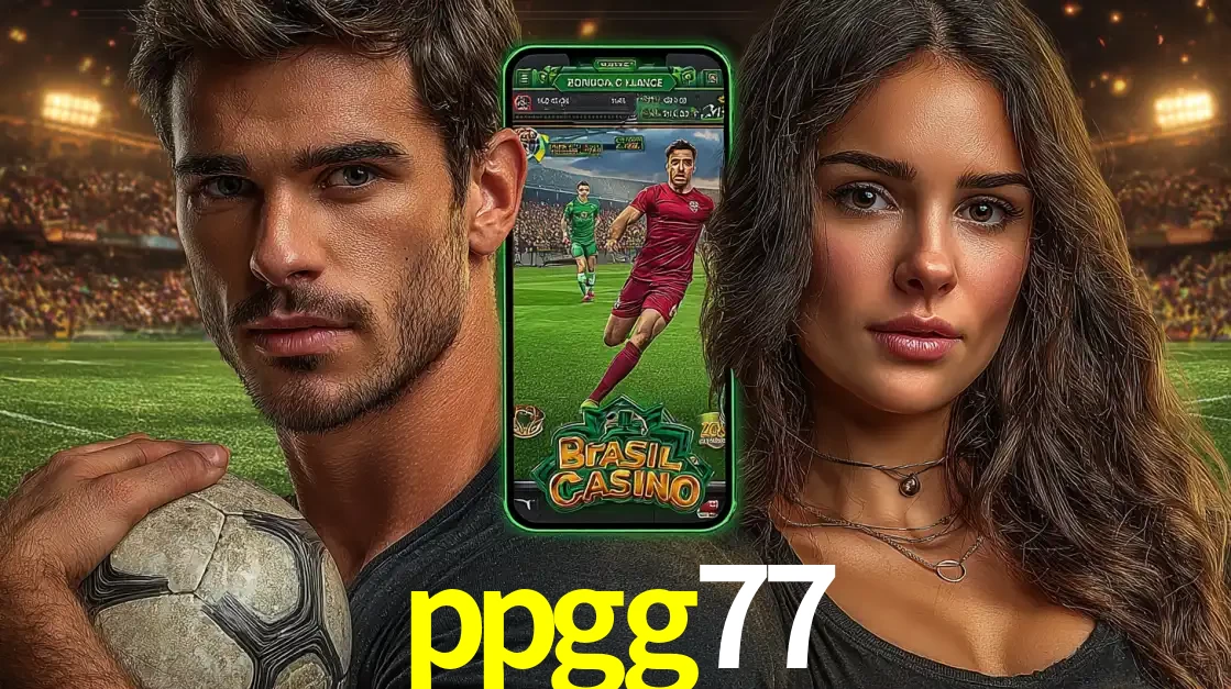Homem segurando uma bola de futebol e uma mulher ao lado de um smartphone exibindo o jogo de apostas esportivas da ppgg77. Faça seu palpite no cassino online.